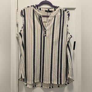NWT CURE Ivory with Navy-blue Stripes Sleeveless Button Front Top Plus Size 2XL